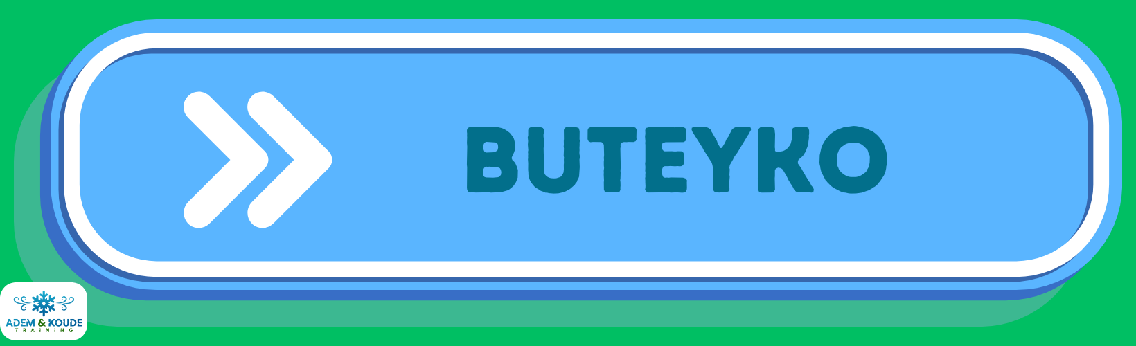 plaatje  met witte letters Buteyko. kleur blauw en groen