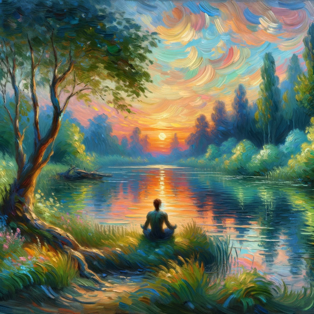 plaatje Monetachtige stijl meer en bos man mediteert kleuren geel groen en blauw
