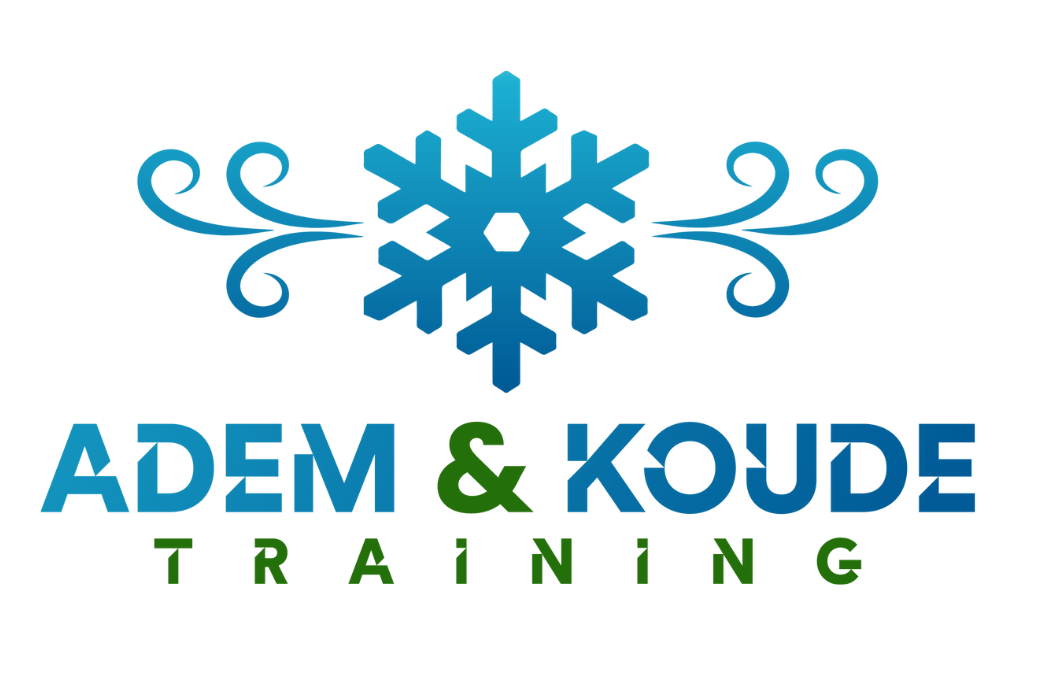 logo van adem & Koude. letters in blauw en groen logi is een sneeuwvlok met aan de zijkant tekens van wind of adem