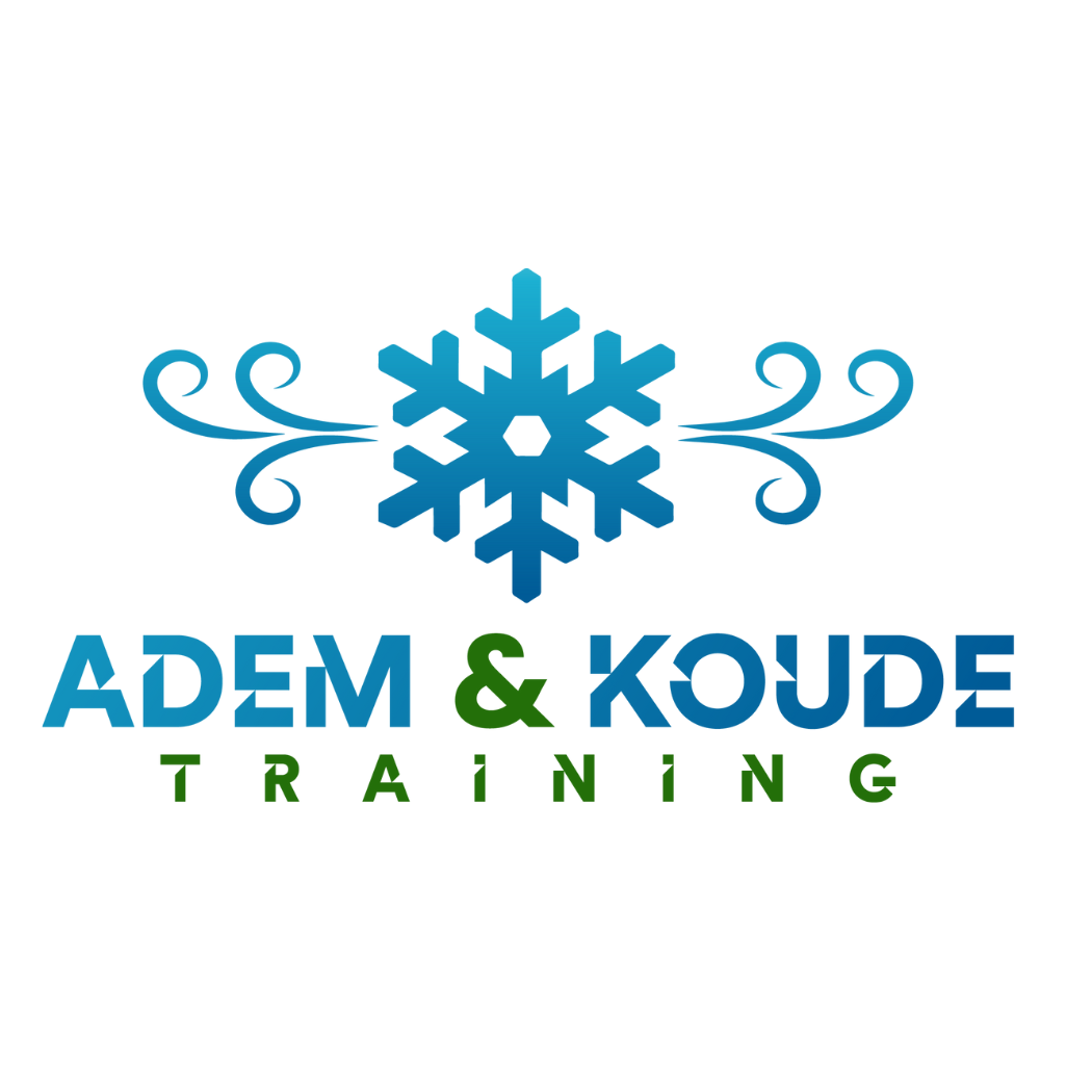 logo van adem & Koude. letters in blauw en groen logi is een sneeuwvlok met aan de zijkant tekens van wind of adem